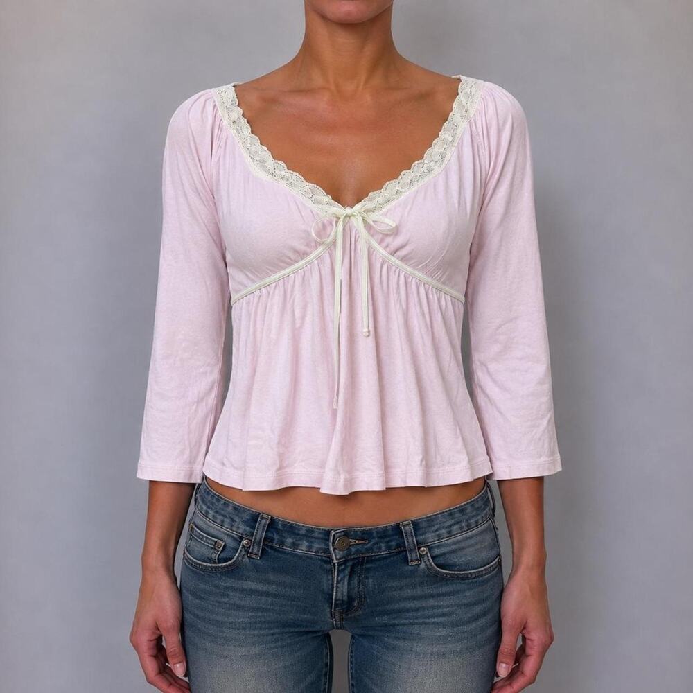 Vintage Talbots Pink Lace Long Sleeve Fairy Romantic Coquette Babydoll Top XL